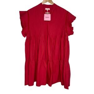 Odette Poplin Mini Dress Womens Medium Red Pleated Organic Cotton Preppy Summer